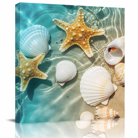 Framed Canvas Wall Art for Living Room Shell Starfish Wall Decor, Teal Blue Summer Beach Aesthetic Paintings for Bedroom Office Kitchen Bathroom, Ready to Hang Artwork Wall Pictures 8x8 Inch