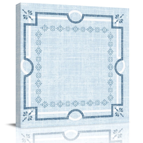 Framed Canvas Wall Art for Living Room Sky Blue Linen Border Wall Decor, Floral Lines Frame Aesthetic Paintings for Bedroom Office Kitchen Bathroom, Ready to Hang Artwork Wall Pictures 8x8 Inch