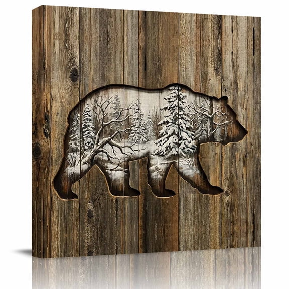 Framed Canvas Wall Art for Living Room Snowy Forest Bear Wall Decor, Animal Brown Wood Grain Aesthetic Paintings for Bedroom Office Kitchen Bathroom, Ready to Hang Artwork Wall Pictures 8x8 Inch