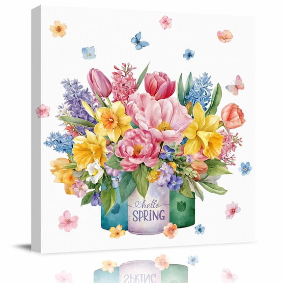Framed Canvas Wall Art for Living Room Spring Floral Vase Wall Decor, Tulip Daisy Flower Butterfly Aesthetic Paintings for Bedroom Office Kitchen, Ready to Hang Artwork Wall Pictures 8x8 Inch