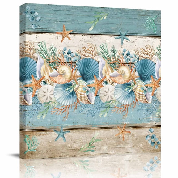 Framed Canvas Wall Art for Living Room Starfish Conch Shell Wall Decor, Ocean Coral Seagrass Teal Wood Aesthetic Paintings for Bedroom Office Kitchen, Ready to Hang Artwork Wall Pictures 8x8 Inch