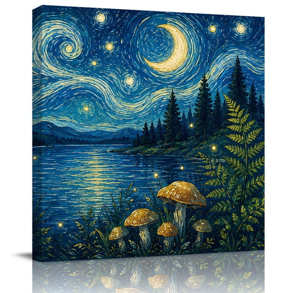 Framed Canvas Wall Art for Living Room Starry Night Lake Wall Decor, Dreamy Star Moon Mushrooms Aesthetic Paintings for Bedroom Office Kitchen, Ready to Hang Artwork Wall Pictures 16x16 Inch