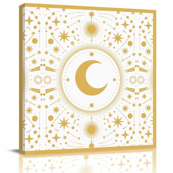 Framed Canvas Wall Art for Living Room Stars Moon Wall Decor, Yellow Geometric Gorgeous Starry Night Aesthetic Paintings for Bedroom Office Kitchen, Ready to Hang Artwork Wall Pictures 8x8 Inch