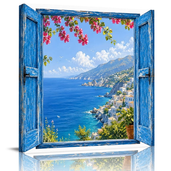 Framed Canvas Wall Art for Living Room Summer Beach Coastal Wall Decor, Scenery Window View Aesthetic Paintings for Bedroom Office Kitchen Bathroom, Ready to Hang Artwork Wall Pictures 8x8 Inch