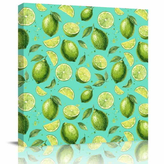 Framed Canvas Wall Art for Living Room Summer Lemon Lime Slice Wall Decor, Teal Tropical Fruit Aesthetic Paintings for Bedroom Office Kitchen Bathroom, Ready to Hang Artwork Wall Pictures 12x12 Inch