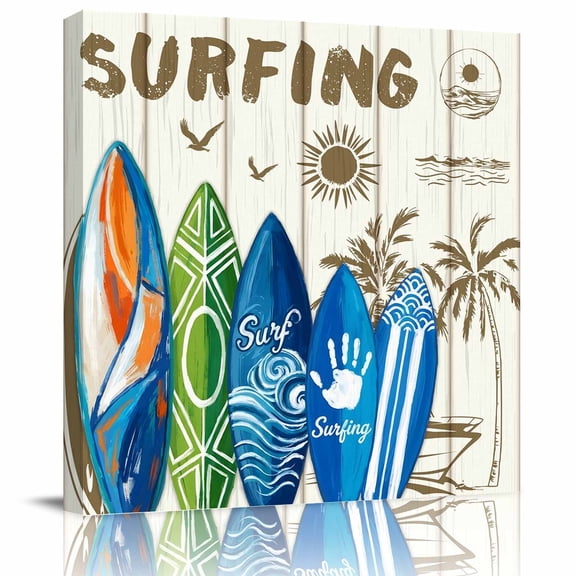 Framed Canvas Wall Art for Living Room Summer Surfing Wall Decor, Beach Palm Tree Wood Grain Aesthetic Paintings for Bedroom Office Kitchen Bathroom, Ready to Hang Artwork Wall Pictures 8x8 Inch