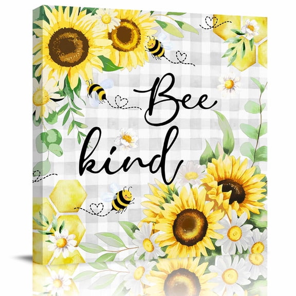 Framed Canvas Wall Art for Living Room Sunflower Bee Kind Wall Decor, Watercolor Floral Green Leaves Plaid Aesthetic Paintings for Bedroom Office Kitchen, Ready to Hang Wall Pictures 8x8 Inch