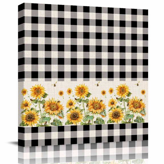 Framed Canvas Wall Art for Living Room Sunflower Bee Wall Decor, Black Buffalo Plaid Check Linen Aesthetic Paintings for Bedroom Office Kitchen Bathroom, Ready to Hang Artwork Wall Pictures 8x8 Inch