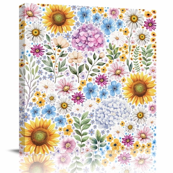Framed Canvas Wall Art for Living Room Sunflowers Hydrangea Floral Wall Decor, Daisy Green Leaves Aesthetic Paintings for Bedroom Office Kitchen, Ready to Hang Artwork Wall Pictures 8x8 Inch