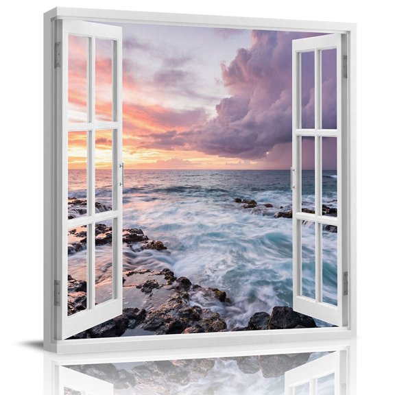 Framed Canvas Wall Art for Living Room Sunset Clouds Window View Wall Decor, Summer Beach Waves Aesthetic Paintings for Bedroom Office Kitchen Bathroom, Ready to Hang Artwork Wall Pictures 8x8 Inch