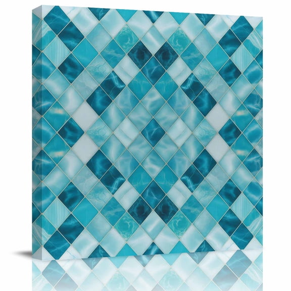 Framed Canvas Wall Art for Living Room Teal Blue Diamond Wall Decor, Modern Geometric Lines Aesthetic Paintings for Bedroom Office Kitchen Bathroom, Ready to Hang Artwork Wall Pictures 8x8 Inch