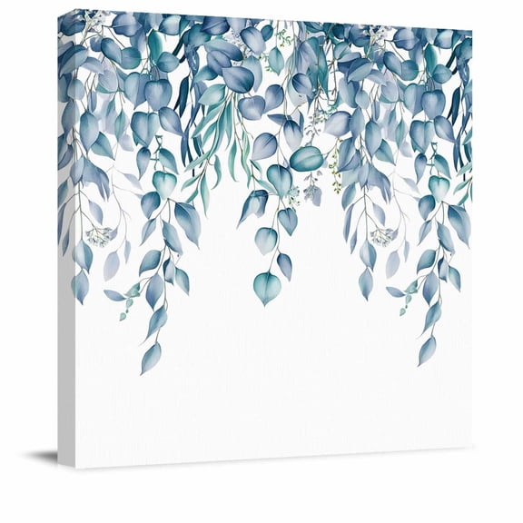 Framed Canvas Wall Art for Living Room Teal Blue Eucalyptus Leaves Wall Decor, Watercolor Leaf Branch Aesthetic Paintings for Bedroom Office Kitchen, Ready to Hang Artwork Wall Pictures 8x8 Inch