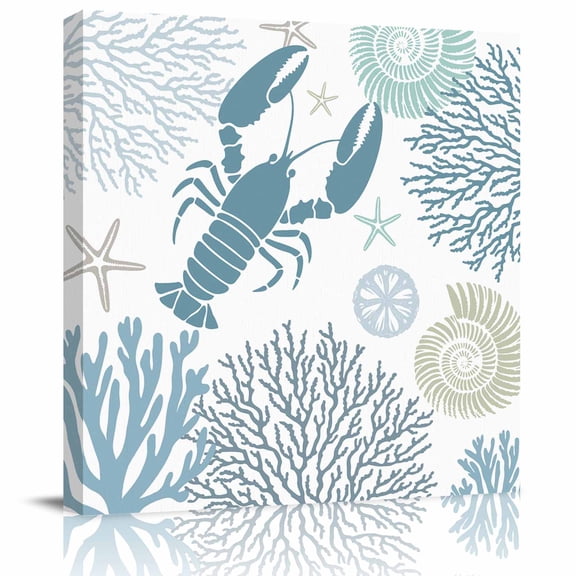 Framed Canvas Wall Art for Living Room Teal Blue Lobster Wall Decor, Coral Starfish Shell Aesthetic Paintings for Bedroom Office Kitchen Bathroom, Ready to Hang Artwork Wall Pictures 8x8 Inch