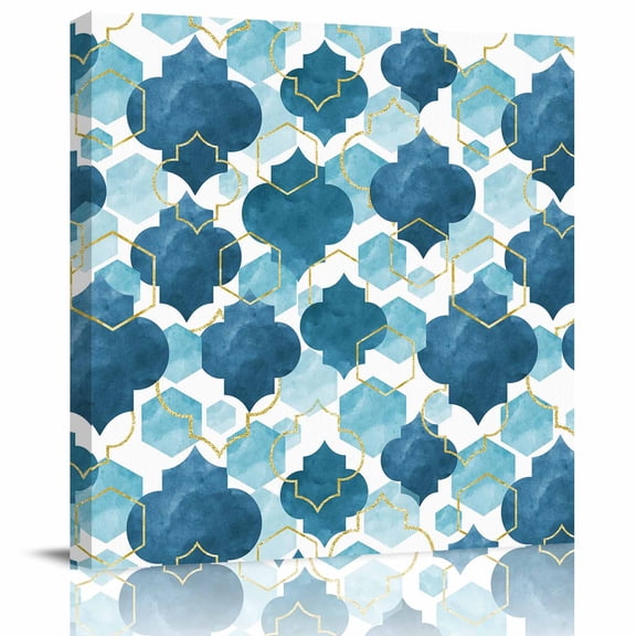 Framed Canvas Wall Art for Living Room Teal Blue Moroccan Wall Decor, Gradient Modern Geometric Aesthetic Paintings for Bedroom Office Kitchen Bathroom, Ready to Hang Artwork Wall Pictures 8x8 Inch
