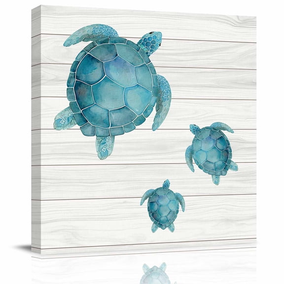 Framed Canvas Wall Art for Living Room Teal Blue Sea Turtle Wall Decor, Ocean Wood Grain Aesthetic Paintings for Bedroom Office Kitchen Bathroom, Ready to Hang Artwork Wall Pictures 8x8 Inch