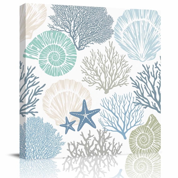 Framed Canvas Wall Art for Living Room Teal Blue Starfish Shell Wall Decor, Coastal Ocean Coral Aesthetic Paintings for Bedroom Office Kitchen Bathroom, Ready to Hang Artwork Wall Pictures 8x8 Inch