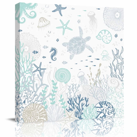 Framed Canvas Wall Art for Living Room Teal Blue Turtle Shell Wall Decor, Coral Conch Seaweed Starfish Aesthetic Paintings for Bedroom Office Kitchen, Ready to Hang Artwork Wall Pictures 8x8 Inch