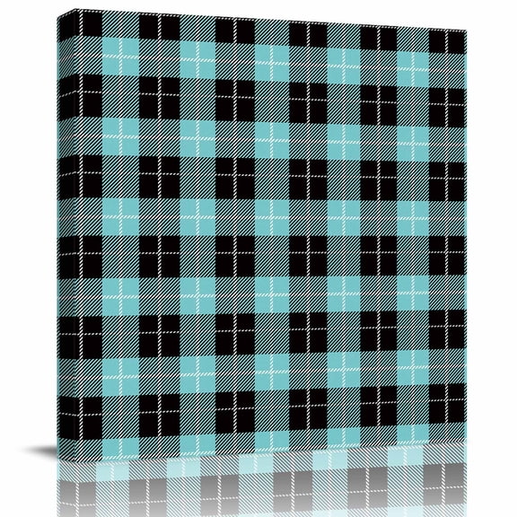 Framed Canvas Wall Art for Living Room Teal Check Plaid Wall Decor, Buffalo Plaid Aesthetic Paintings for Bedroom Office Kitchen Bathroom, Ready to Hang Artwork Wall Pictures 8x8 Inch