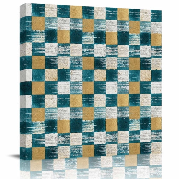 Framed Canvas Wall Art for Living Room Teal Gold Squares Block Wall Decor, Geometric Checkerboard Aesthetic Paintings for Bedroom Office Kitchen, Ready to Hang Artwork Wall Pictures 8x8 Inch