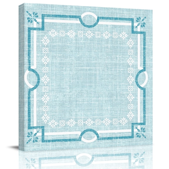 Framed Canvas Wall Art for Living Room Teal Green Linen Border Wall Decor, Floral Lines Frame Aesthetic Paintings for Bedroom Office Kitchen Bathroom, Ready to Hang Artwork Wall Pictures 8x8 Inch