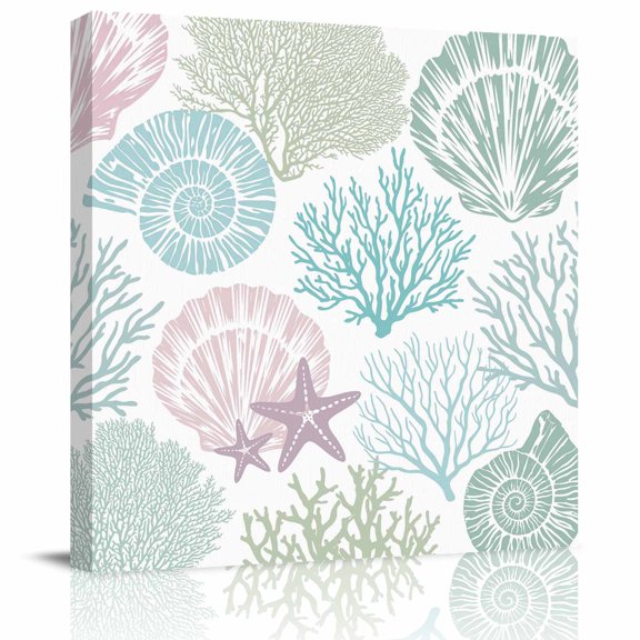 Framed Canvas Wall Art for Living Room Teal Green Starfish Shell Wall Decor, Coastal Ocean Coral Aesthetic Paintings for Bedroom Office Kitchen Bathroom, Ready to Hang Artwork Wall Pictures 8x8 Inch
