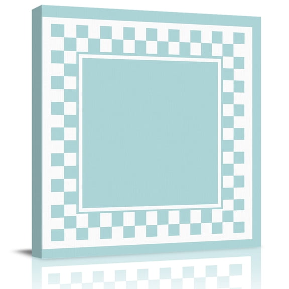 Framed Canvas Wall Art for Living Room Teal Squares Wall Decor, Modern Block Checkered Border Aesthetic Paintings for Bedroom Office Kitchen Bathroom, Ready to Hang Artwork Wall Pictures 8x8 Inch