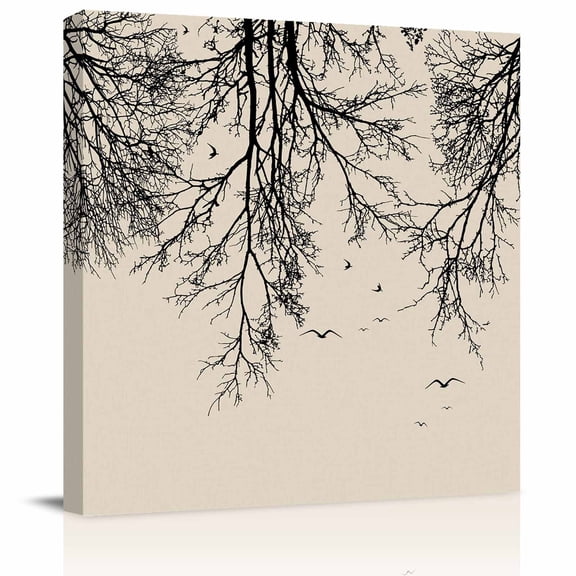 Framed Canvas Wall Art for Living Room Tree Branches Bird Wall Decor, Black Twigs Deadwood Linen Aesthetic Paintings for Bedroom Office Kitchen Bathroom, Ready to Hang Artwork Wall Pictures 8x8 Inch
