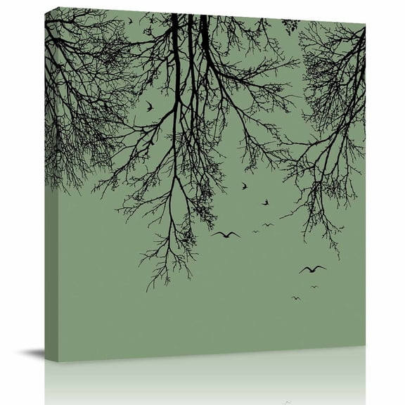 Framed Canvas Wall Art for Living Room Tree Branches Bird Wall Decor, Green Black Twigs Deadwood Aesthetic Paintings for Bedroom Office Kitchen Bathroom, Ready to Hang Artwork Wall Pictures 8x8 Inch