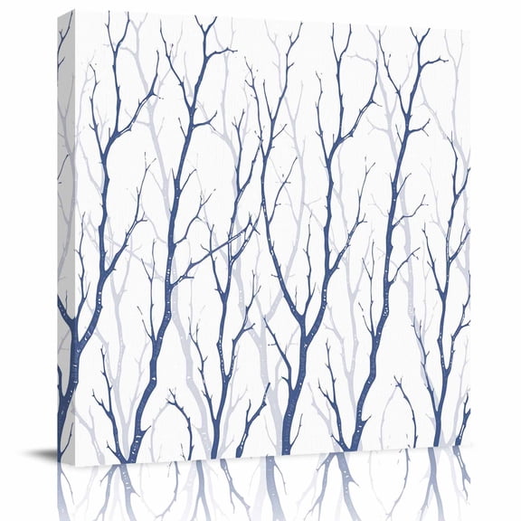 Framed Canvas Wall Art for Living Room Tree Branches Wall Decor, Blue Bare Leaves Aesthetic Paintings for Bedroom Office Kitchen Bathroom, Ready to Hang Artwork Wall Pictures 8x8 Inch