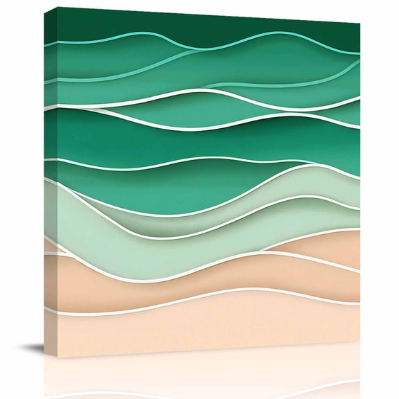 Framed Canvas Wall Art for Living Room Turquoise Beach Waves Wall Decor, Abstract Water Lines Aesthetic Paintings for Bedroom Office Kitchen Bathroom, Ready to Hang Artwork Wall Pictures 8x8 Inch
