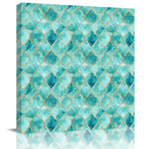 Framed Canvas Wall Art for Living Room Turquoise White Marble Wall Decor, Lattice Modern Art Aesthetic Paintings for Bedroom Office Kitchen Bathroom, Ready to Hang Artwork Wall Pictures 8x8 Inch