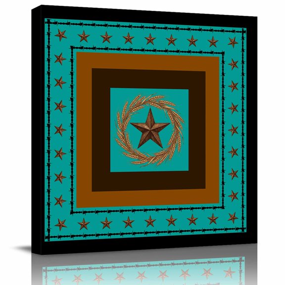 Framed Canvas Wall Art for Living Room Weatern Texas Star Turquoise Wall Decor, Rustic Wheat Ears Aesthetic Paintings for Bedroom Office Kitchen, Ready to Hang Artwork Wall Pictures 8x8 Inch