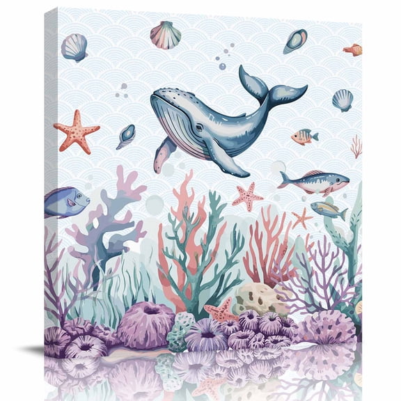 Framed Canvas Wall Art for Living Room Whale Coral Starfish Wall Decor, Shell Ocean Marine Life Aesthetic Paintings for Bedroom Office Kitchen Bathroom, Ready to Hang Artwork Wall Pictures 8x8 Inch