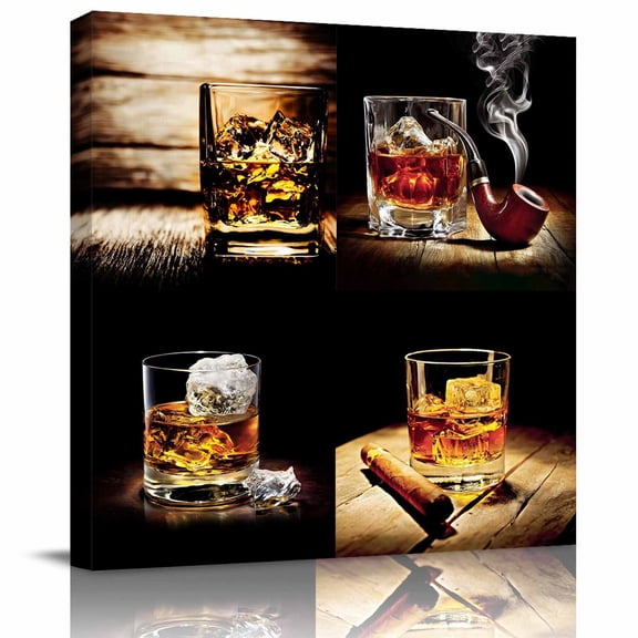 Framed Canvas Wall Art for Living Room Whisky Glass Wall Decor, Wine Old Fashioned Wood Grain Aesthetic Paintings for Bedroom Office Kitchen Bathroom, Ready to Hang Artwork Wall Pictures 8x8 Inch