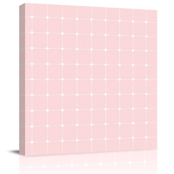 Framed Canvas Wall Art for Living Room White Dots Grid Lines Wall Decor, Intersect Points Pink Plaid Aesthetic Paintings for Bedroom Office Kitchen, Ready to Hang Artwork Wall Pictures 8x8 Inch