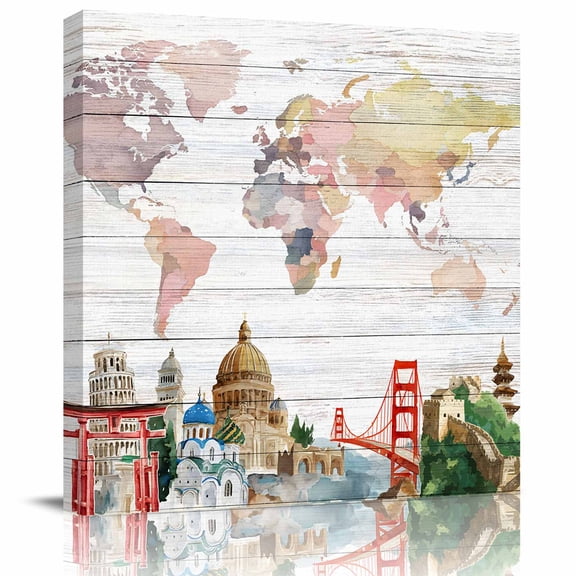 Framed Canvas Wall Art for Living Room World Map Wall Decor, Famous Building Tourism Bridge Wood Grain Aesthetic Paintings for Bedroom Office Kitchen, Ready to Hang Artwork Wall Pictures 8x8 Inch