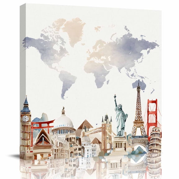 Framed Canvas Wall Art for Living Room World Map Wall Decor, Famous Building Tourism Landscape Aesthetic Paintings for Bedroom Office Kitchen Bathroom, Ready to Hang Artwork Wall Pictures 8x8 Inch