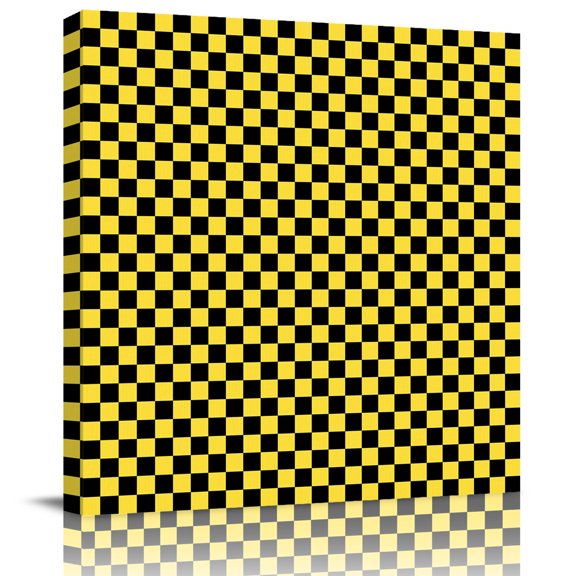 Framed Canvas Wall Art for Living Room Yellow Black Chessboard Wall Decor, Square Blocks Plaid Aesthetic Paintings for Bedroom Office Kitchen Bathroom, Ready to Hang Artwork Wall Pictures 8x8 Inch