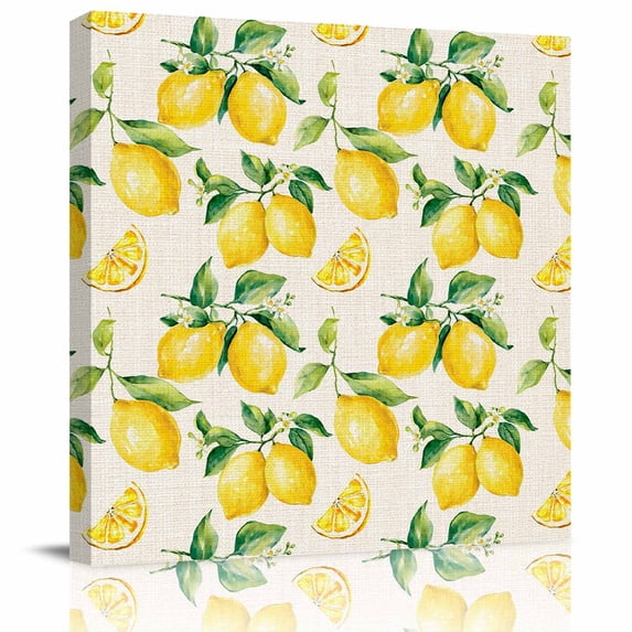 Framed Canvas Wall Art for Living Room Yellow Lemon Wall Decor, Farm Fruit Linen Aesthetic Paintings for Bedroom Office Kitchen Bathroom, Ready to Hang Artwork Wall Pictures 8x8 Inch