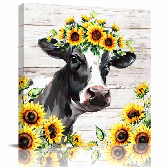 Framed Canvas Wall Art for Living Room Yellow Sunflower Cow Wall Decor, Farm Animal Wood Grain Aesthetic Paintings for Bedroom Office Kitchen Bathroom, Ready to Hang Artwork Wall Pictures 8x8 Inch