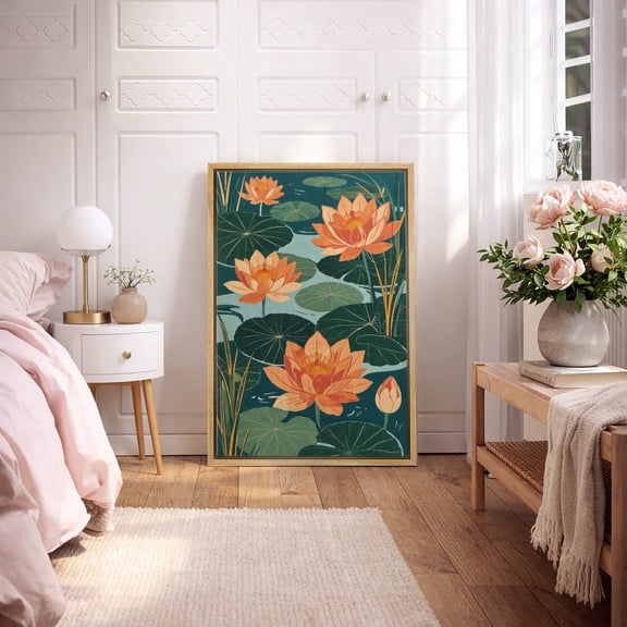 Framed Canvas Wall Art Lotus Pond Floral Print for Living Room Decoration - 16"x24" NATURAL