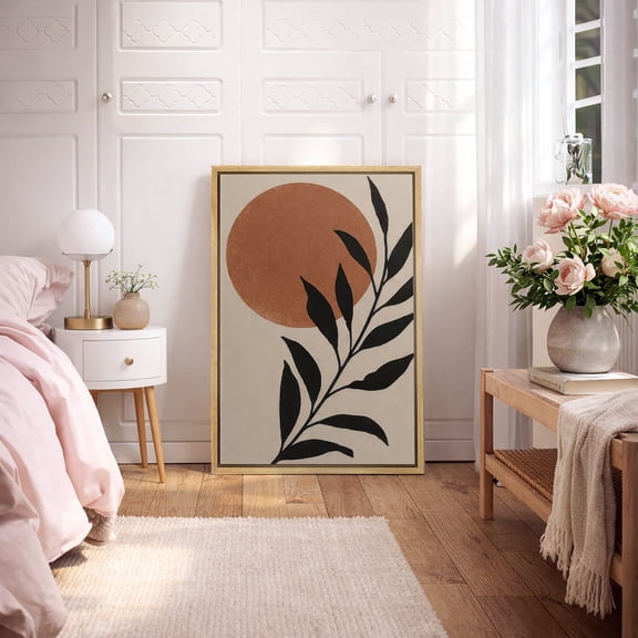 Framed Canvas Wall Art Minimalist Botanical Sun Boho Print for Living Room Decoration - 16"x24" NATURAL