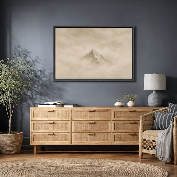 Framed Canvas Wall Art Minimalist Foggy Mountain Landscape Print for Living Room Decoration - 16"x24" BLACK