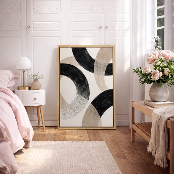 Framed Canvas Wall Art Neutral Abstract Circle Pattern Print for Living Room Decoration - 16"x24" NATURAL
