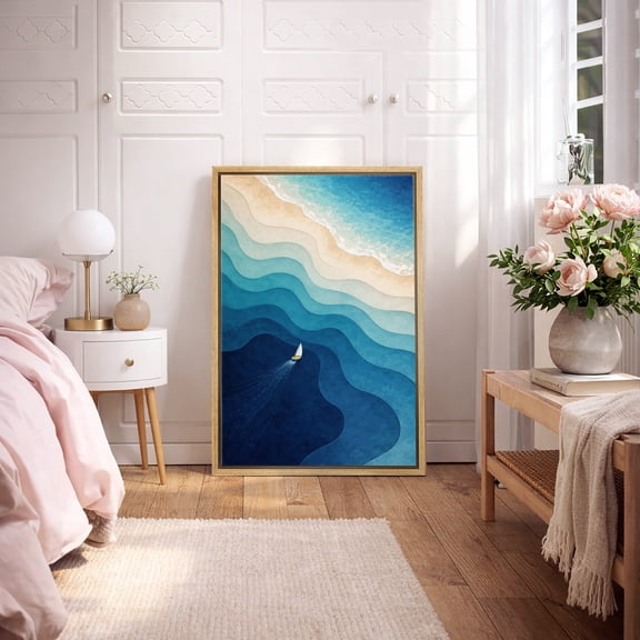 Framed Canvas Wall Art Ocean Coast Sailboat Print for Living Room Decoration - 16"x24" NATURAL