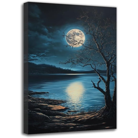 Framed Canvas Wall Art Painting - Night Lake Scape With Moon, Wall Decor for Living Room Bedroom Bathroom (8W X 12L)