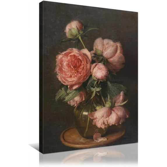 Framed Canvas Wall Art Painting Print Vintage Flower Wall Decor Pink Blooming Flowers in Green Crystal Vase Rustic Artwork for Living Room Bedroom Kitchen Decoration 12x16in