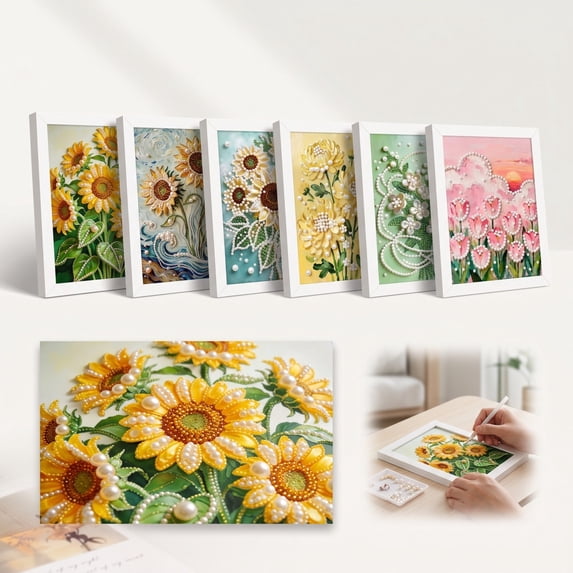 Framed Canvas Wall Art with Pearl Painting Kit, Diy Sunflower Wall Art for Adults for Fall Decor for Home, Small Framed Art 5X7 Inch with Canvas, Beads & Tools