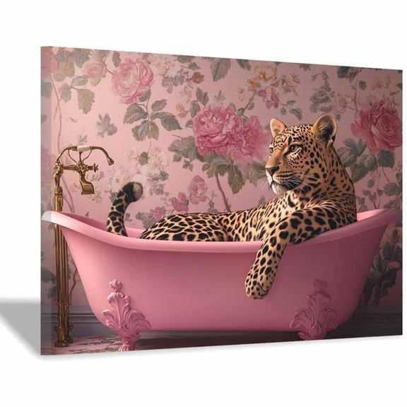 Framed Canvas Wall Art Pink Bathtub Cheetah Wall Decor Funny Bathroom Art Leopard Print Wall Art for Women Girls Housewarming Gift. - 12"L x 8"W