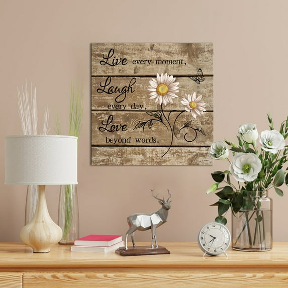 Framed Canvas Wall Art Prints Pictures Posters Artwork Wall Art Decor Farm Field Dreamy Daisy Vintage Painting Wood Board Live Love Laugh Stretched Ready to Hang Home Decor Wall Decor (12''x12'')